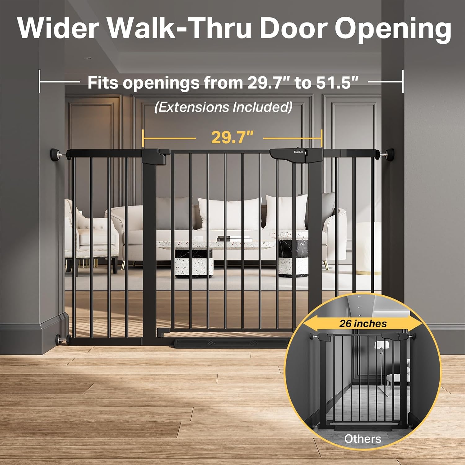 Cumbor 2 Pack 29.7-51.5 Extra Wide Baby Gate for Stairs, Easy Walk Through Dog Gates for Doorways, Pressure Mounted Pet Gate Indoor, Safety Auto-Close Child Gate for Kids with 4 Wall Cups, Black